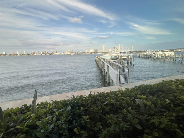 dock area featuring a water view and a view of city