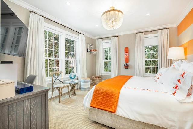 carpeted bedroom with an inviting chandelier, ornamental molding, and recessed lighting