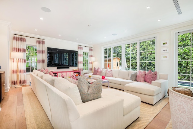 living room with ornamental molding, plenty of natural light, and light wood-style floors