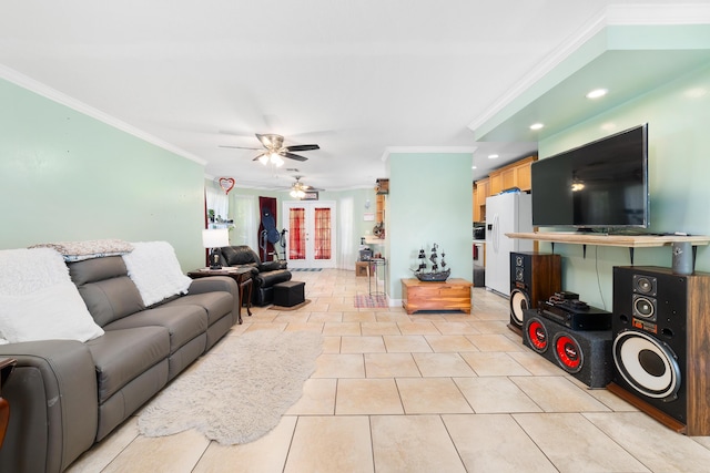 living area featuring french doors, light tile patterned flooring, a ceiling fan, and crown molding