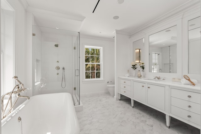 full bath featuring marble finish floor, toilet, ornamental molding, a stall shower, and vanity