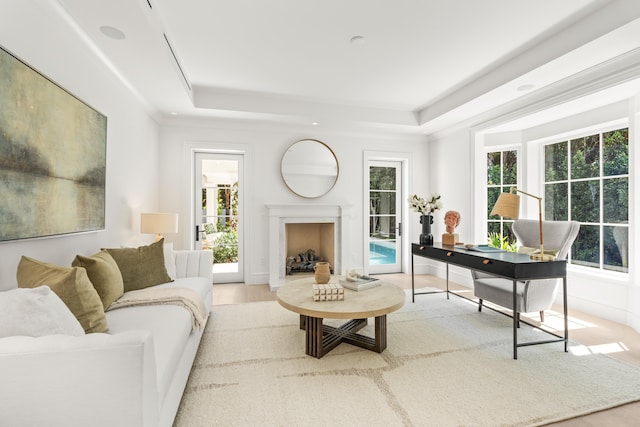 living room featuring a fireplace, a tray ceiling, and wood finished floors