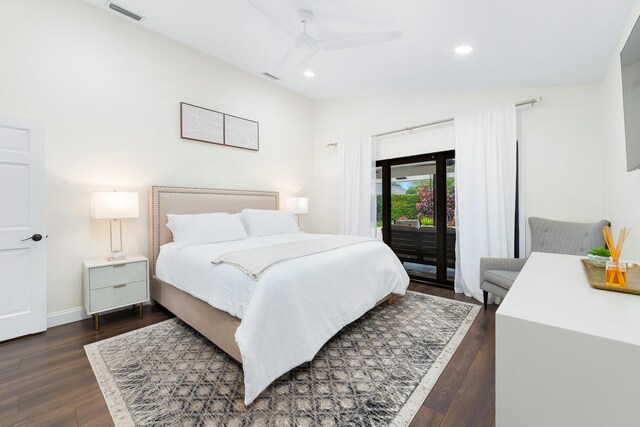 bedroom with baseboards, visible vents, dark wood-style flooring, access to exterior, and recessed lighting