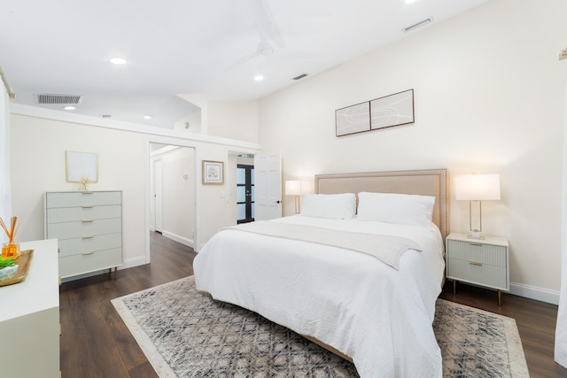 bedroom featuring recessed lighting, visible vents, baseboards, and wood finished floors