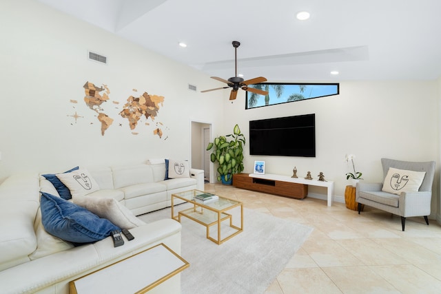 living room with recessed lighting, visible vents, ceiling fan, and light tile patterned flooring