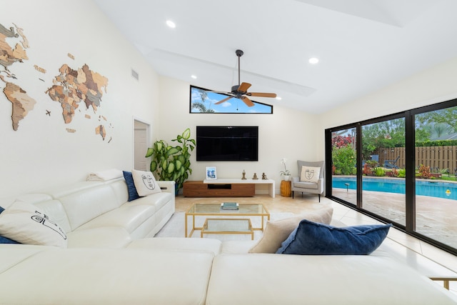 tiled living area featuring high vaulted ceiling, visible vents, a ceiling fan, and recessed lighting