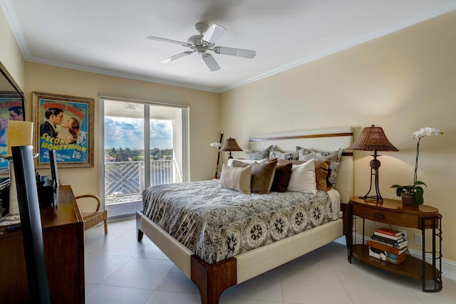 bedroom with access to exterior, crown molding, ceiling fan, and light tile patterned floors