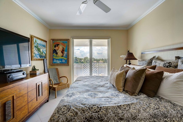 bedroom with light tile patterned floors, ceiling fan, ornamental molding, and access to exterior