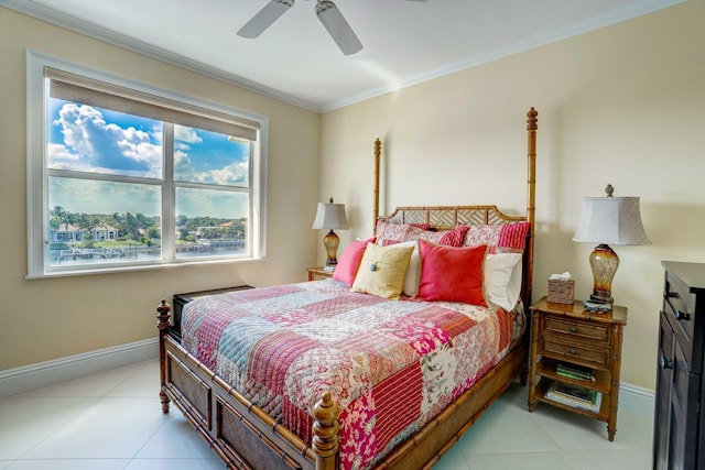 bedroom featuring light tile patterned floors, baseboards, ornamental molding, and ceiling fan