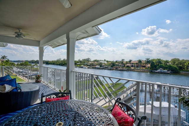 balcony featuring a water view and ceiling fan