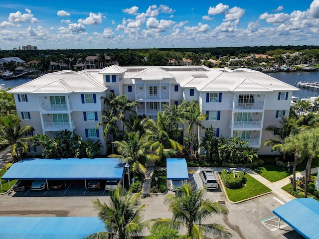 drone / aerial view with a water view