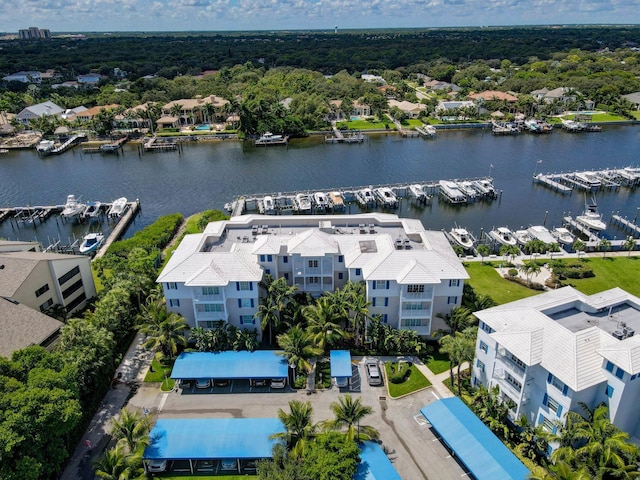 drone / aerial view with a water view