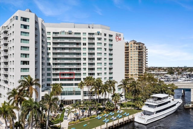 view of building exterior featuring a water view