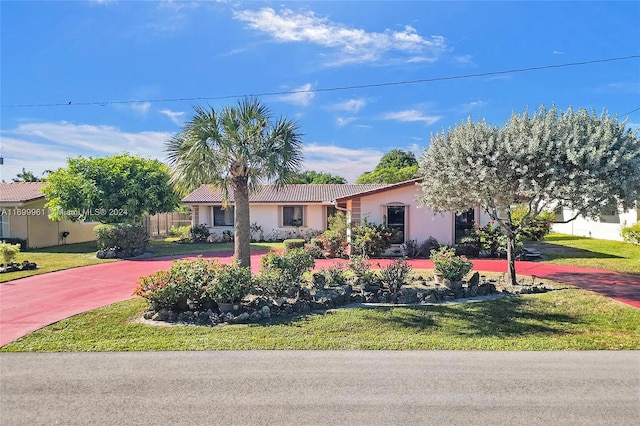 view of front of home with driveway, a front lawn, a tile roof, and stucco siding