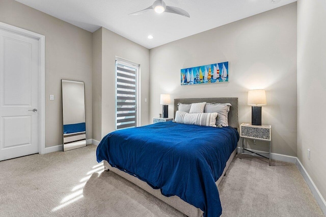 carpeted bedroom with baseboards, a ceiling fan, and recessed lighting