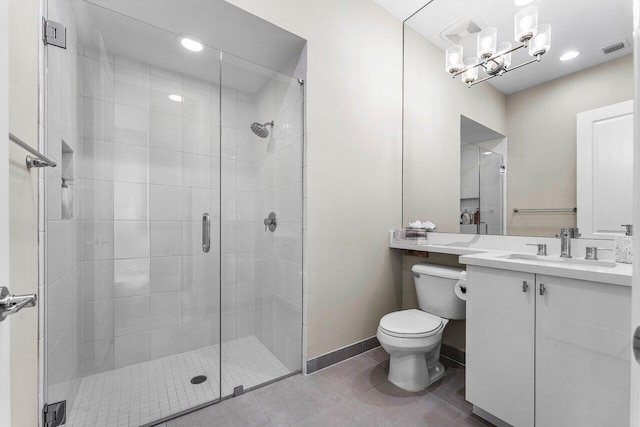 bathroom with toilet, visible vents, baseboards, a shower stall, and tile patterned floors