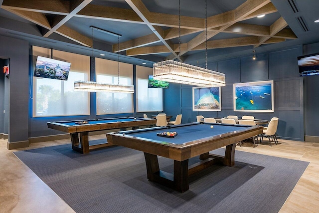 game room featuring coffered ceiling, beamed ceiling, and pool table