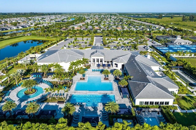 drone / aerial view featuring a water view