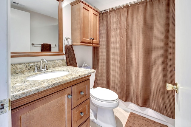 full bathroom featuring toilet, shower / bathtub combination with curtain, visible vents, and vanity