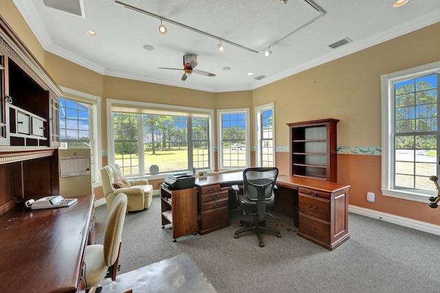 office area featuring rail lighting, visible vents, crown molding, and baseboards