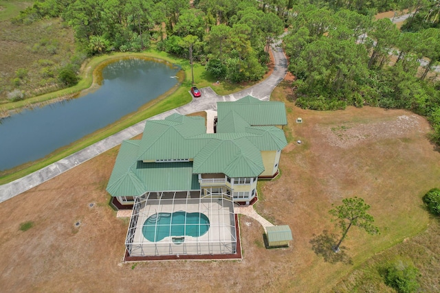 bird's eye view with a water view