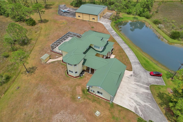 aerial view featuring a water view