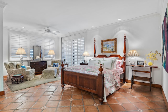 bedroom with ornamental molding, recessed lighting, tile patterned flooring, and baseboards