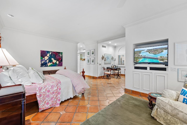 bedroom featuring light tile patterned floors, recessed lighting, visible vents, ornamental molding, and baseboards