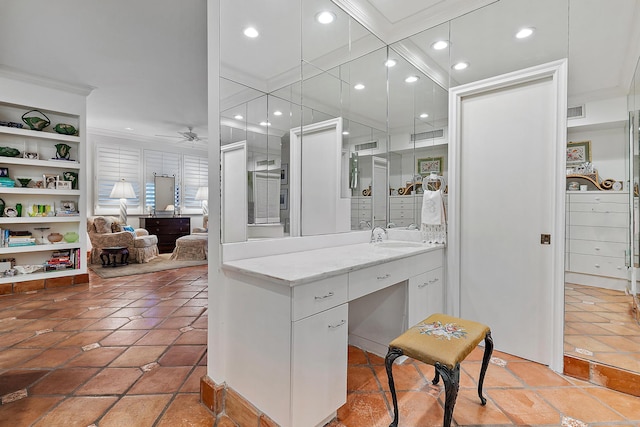 bathroom with visible vents, ornamental molding, a ceiling fan, and recessed lighting