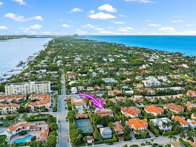 aerial view featuring a water view