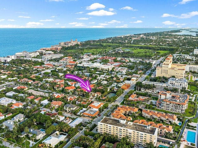 aerial view featuring a water view and a city view