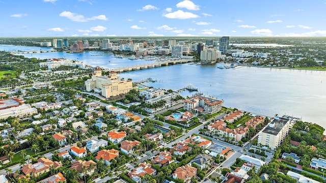 drone / aerial view with a water view and a city view