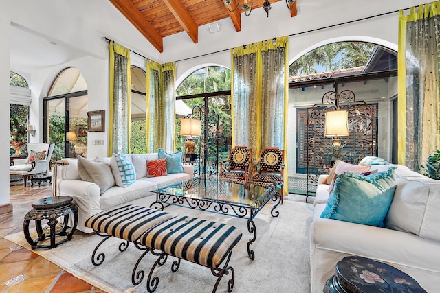 living room featuring visible vents, high vaulted ceiling, wooden ceiling, and beam ceiling