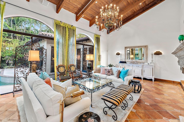 living room featuring light tile patterned floors, high vaulted ceiling, beamed ceiling, and wooden ceiling