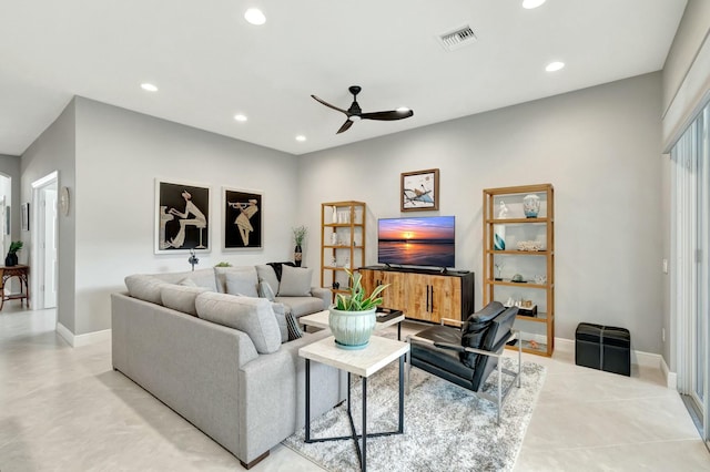 living room featuring baseboards, visible vents, ceiling fan, and recessed lighting