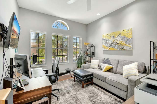 office area with ceiling fan, wood finished floors, and recessed lighting