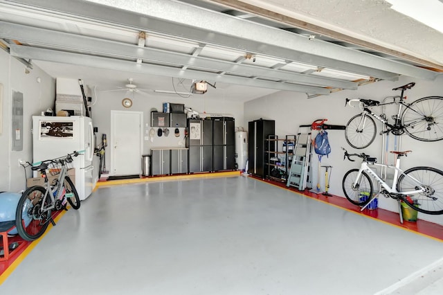 garage featuring electric panel, a garage door opener, and electric water heater