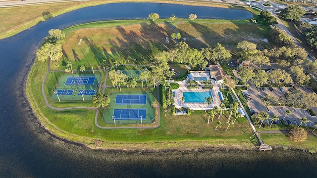 drone / aerial view featuring a water view