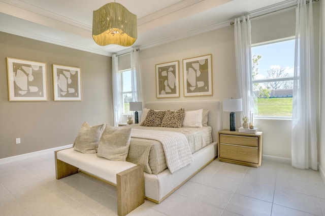 bedroom featuring light tile patterned floors, baseboards, and crown molding