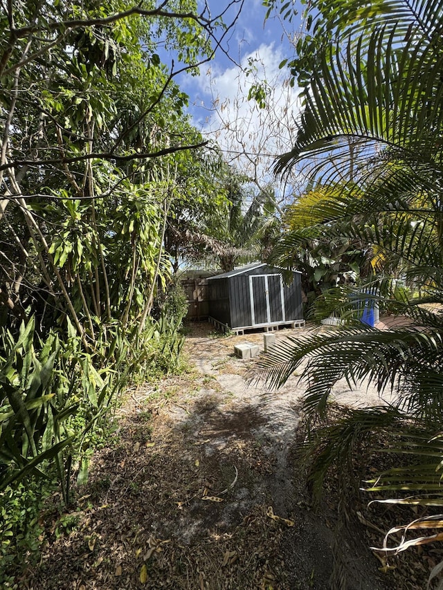 view of yard with an outdoor structure and a storage shed