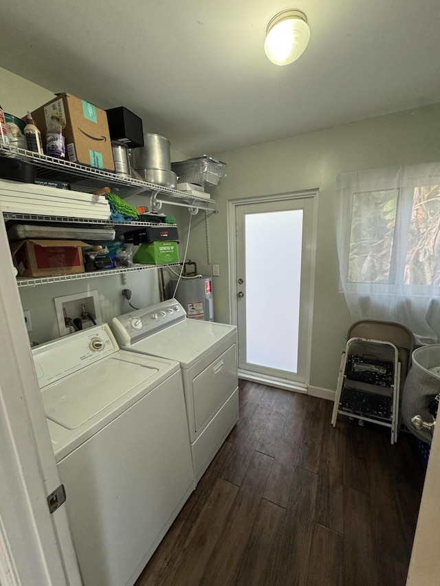 laundry area with water heater, dark wood-style floors, separate washer and dryer, and laundry area
