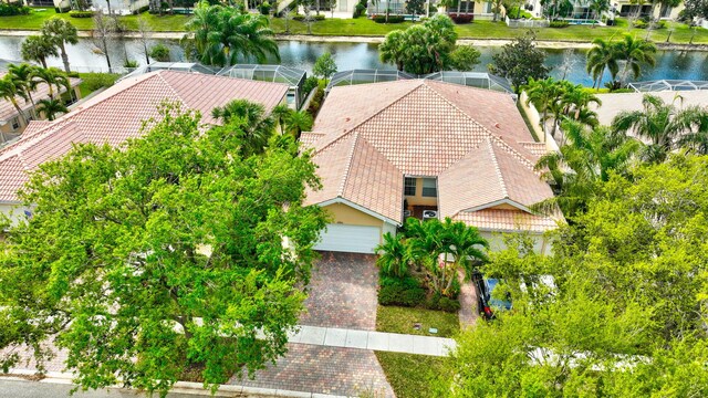 bird's eye view with a residential view and a water view