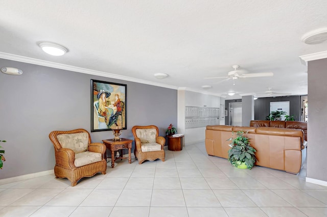 living room featuring ceiling fan, ornamental molding, baseboards, and light tile patterned floors