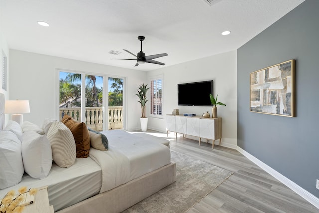 bedroom featuring access to outside, recessed lighting, visible vents, light wood-type flooring, and baseboards