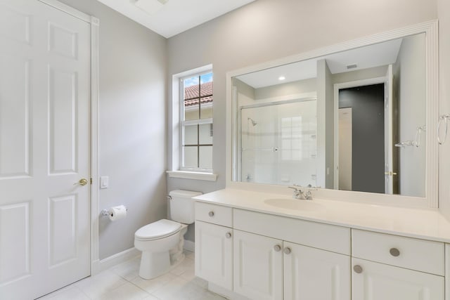 full bath with toilet, vanity, visible vents, a shower stall, and tile patterned floors