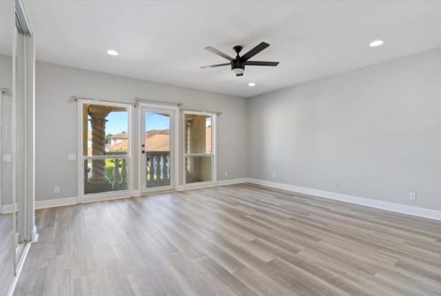 unfurnished room featuring light wood-type flooring, ceiling fan, baseboards, and recessed lighting