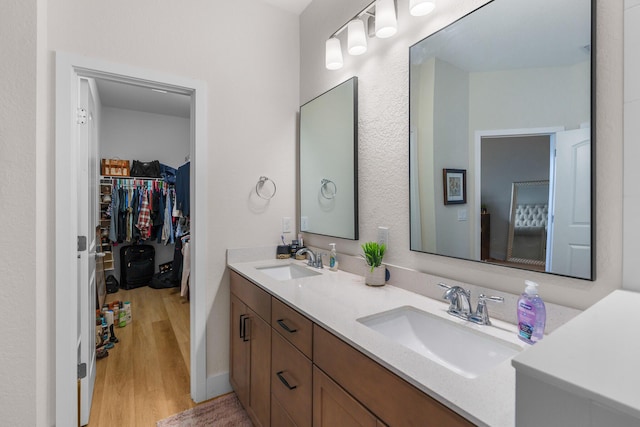 full bath featuring wood finished floors, a sink, a spacious closet, and double vanity