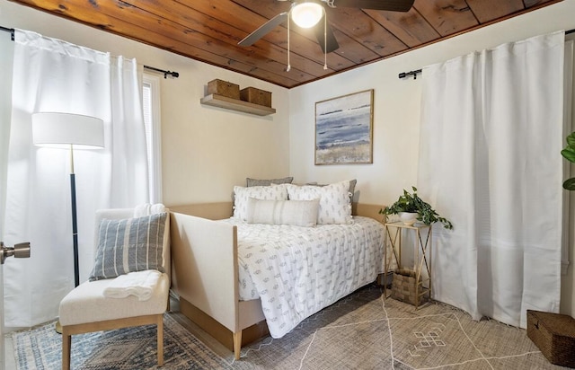 bedroom featuring wooden ceiling and a ceiling fan