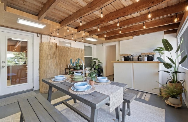 interior space with wooden ceiling and beamed ceiling