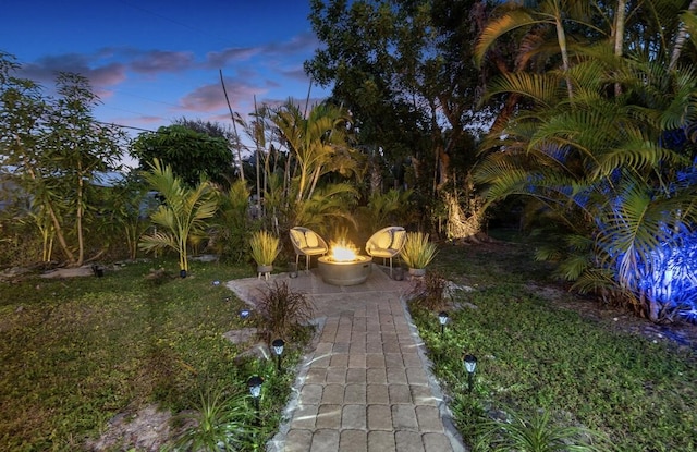 view of yard with a patio and a fire pit